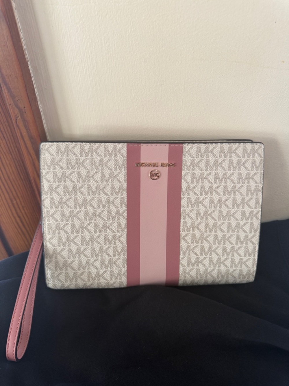 Michael Kors Beige MK Logo Wristlet with Pink Center Stripe
